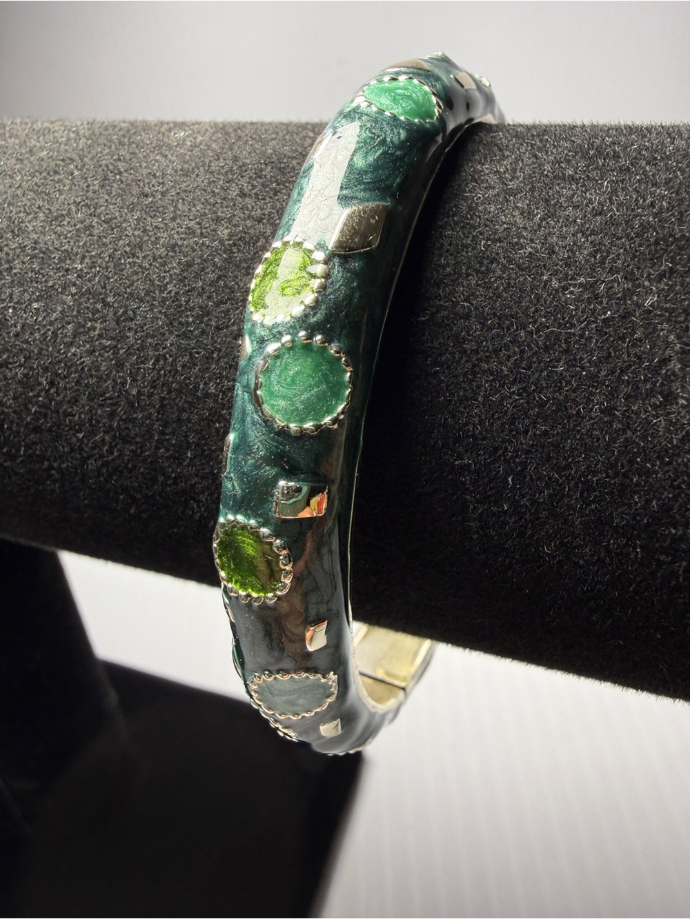 Dark Green Enamel Bangle with Green Stone Accents